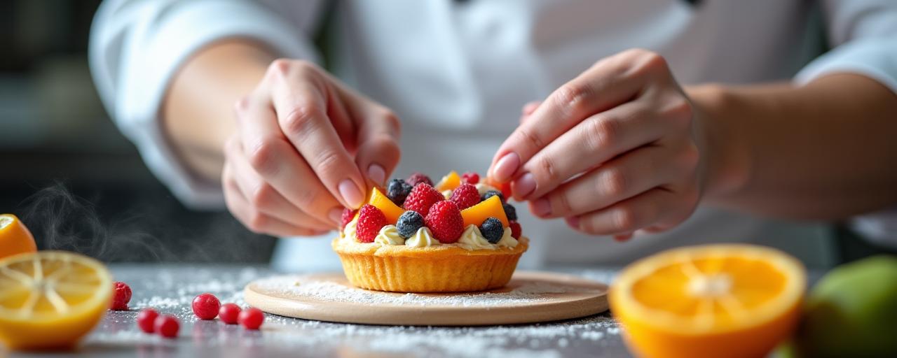 Chef pastelero decorando un pastel con frutas frescas.